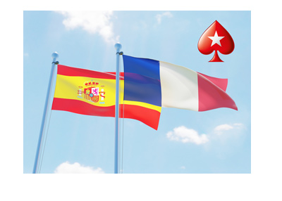 Pokerstars logo with the flags of Spain and France behind.  Sunny day.
